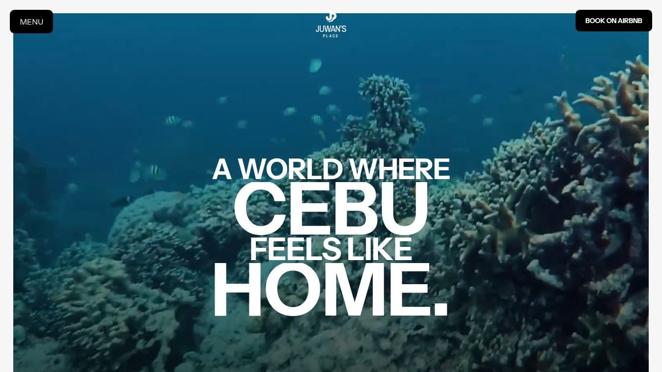 Juwan’s Place Location page hero with cinematic Cebu imagery, site navigation, and the headline A World Where Cebu Feels Like Home