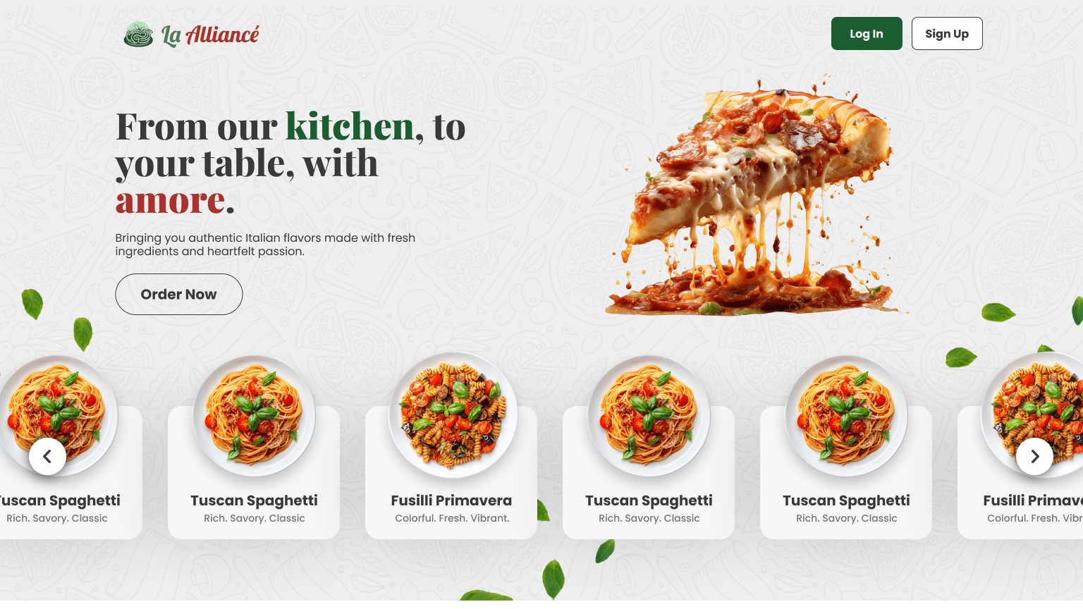 La Alliance food-ordering homepage with featured pasta dishes and ordering controls