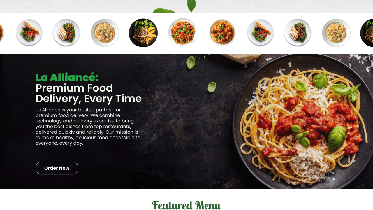 La Alliance menu and food-delivery overview featuring pasta dishes and an order-now action