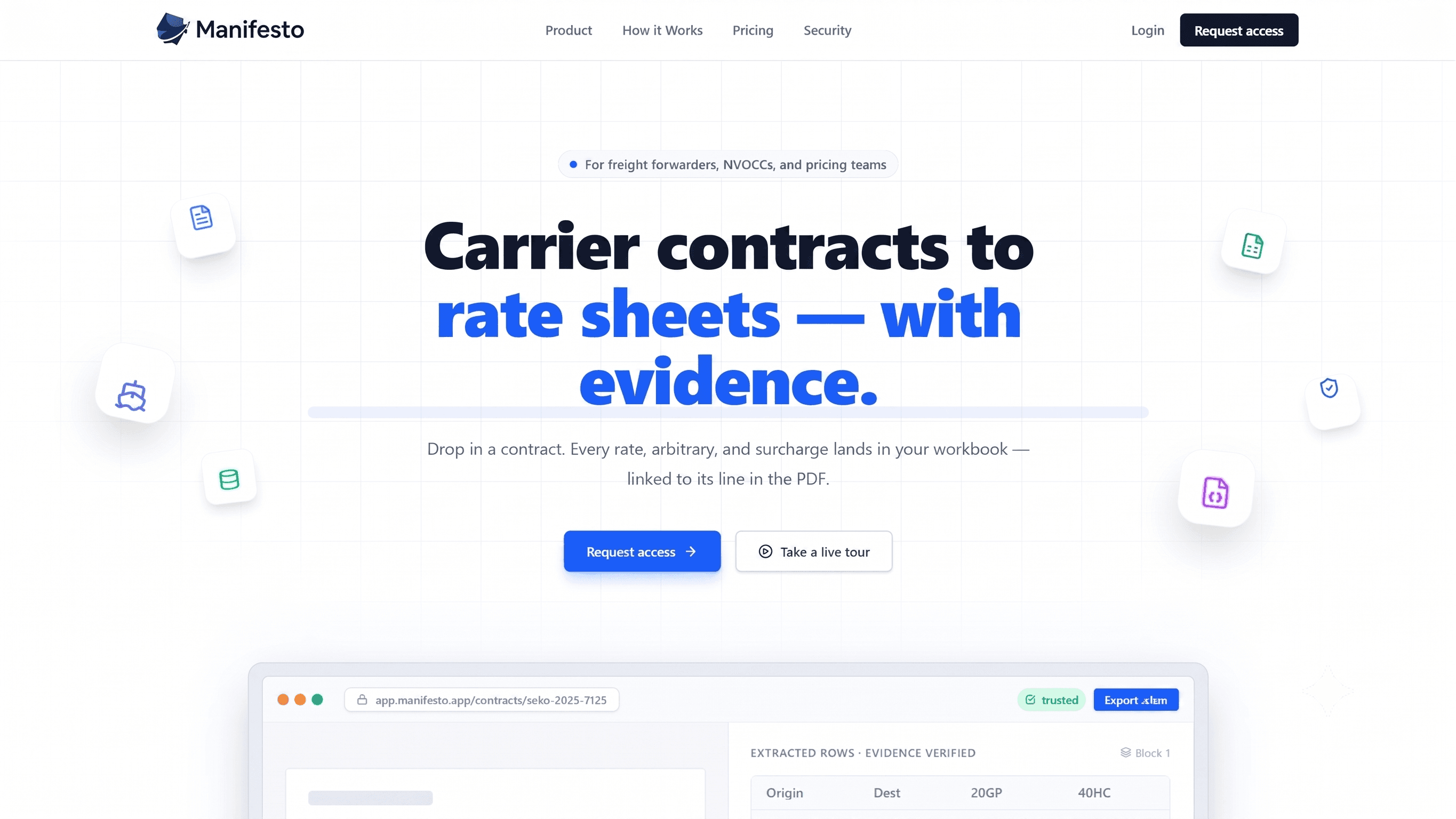 Manifesto landing page showing a freight contract extraction workspace and carrier rate sheet workflow