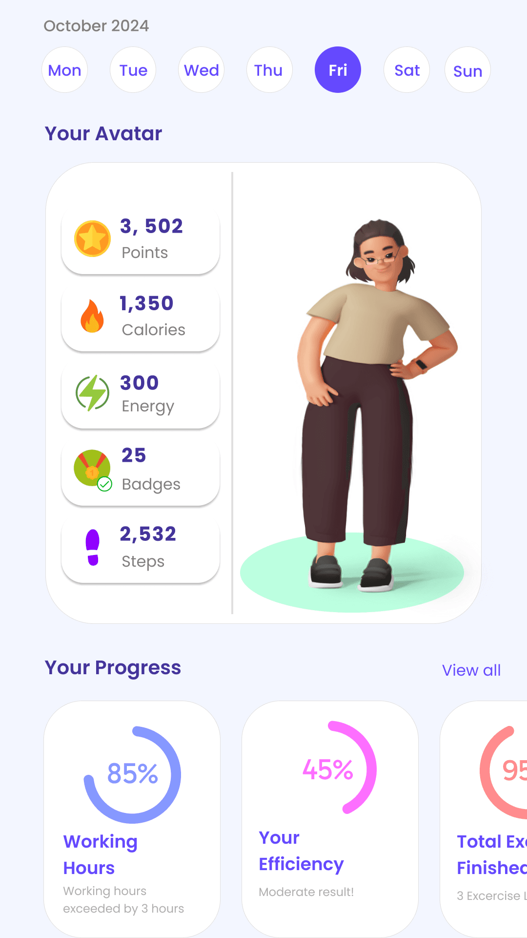 NeoME mobile health dashboard showing a 3D avatar, daily activity metrics, and progress indicators