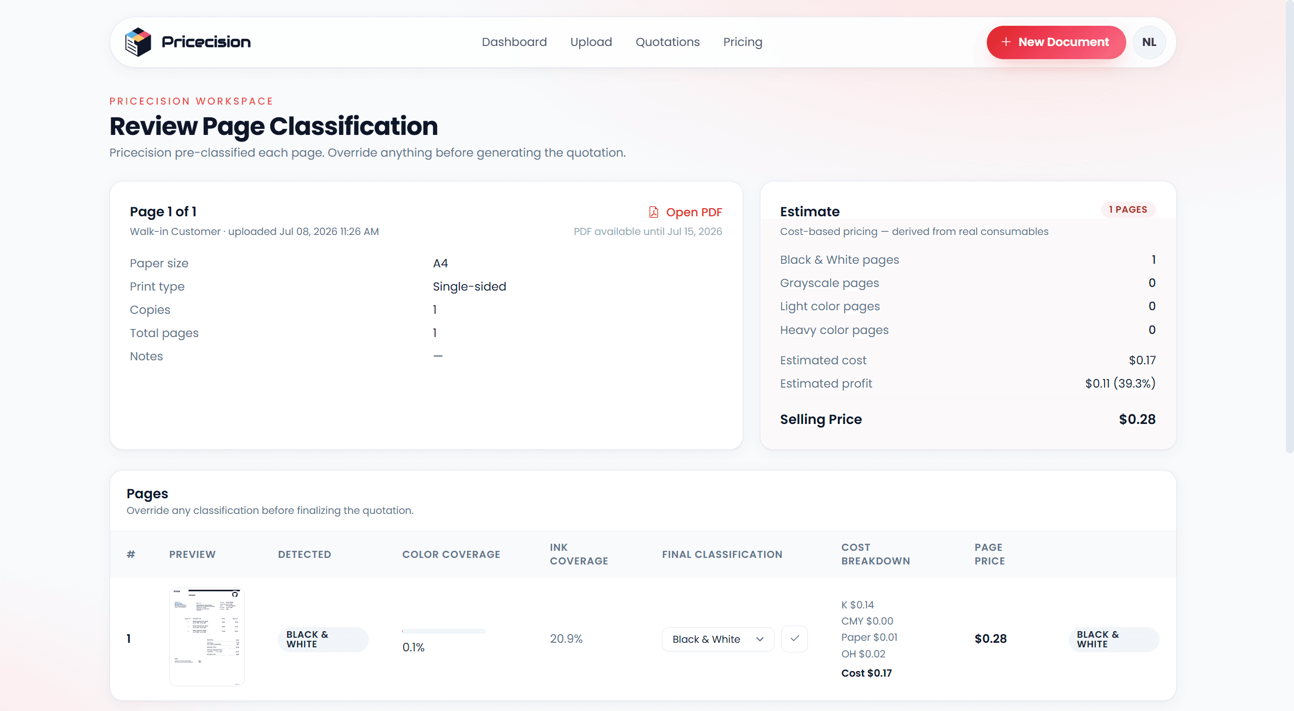 Pricecision page-classification review showing PDF job details, cost estimate, preview, and final page category