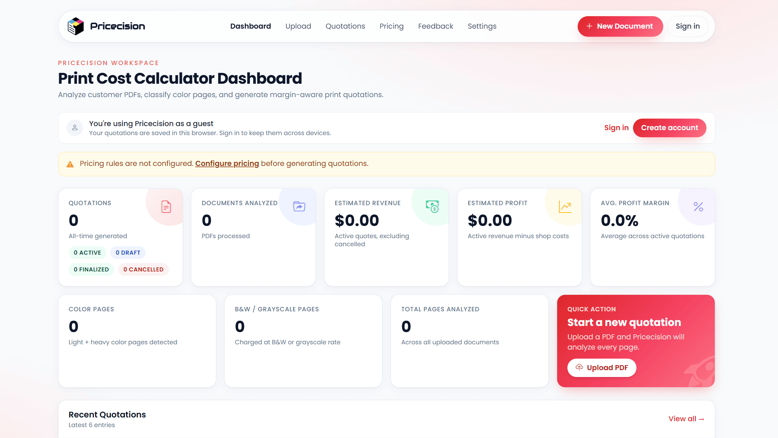 Pricecision dashboard showing quotation, document, revenue, profit, and analyzed-page summaries