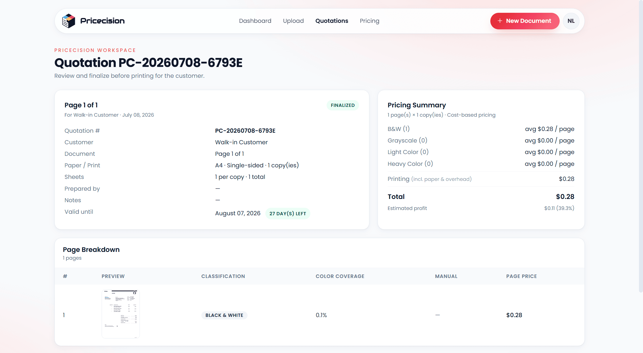 Pricecision quotation details showing customer information, pricing summary, and per-page classification breakdown