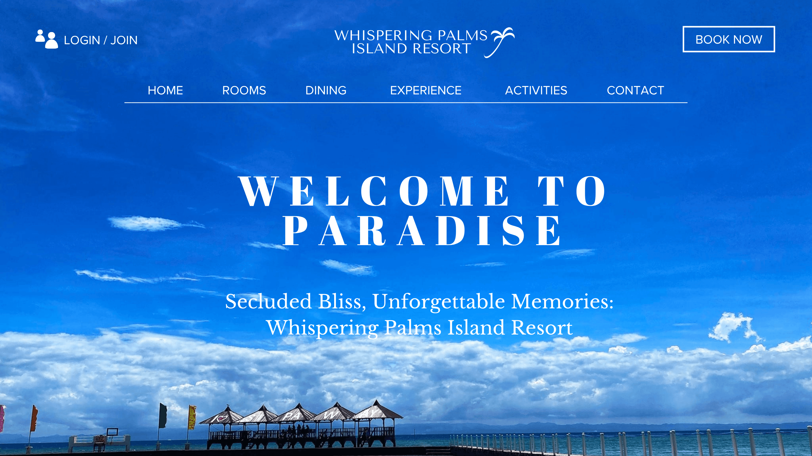 Whispering Palms desktop resort interface with booking navigation and an island-resort hero view