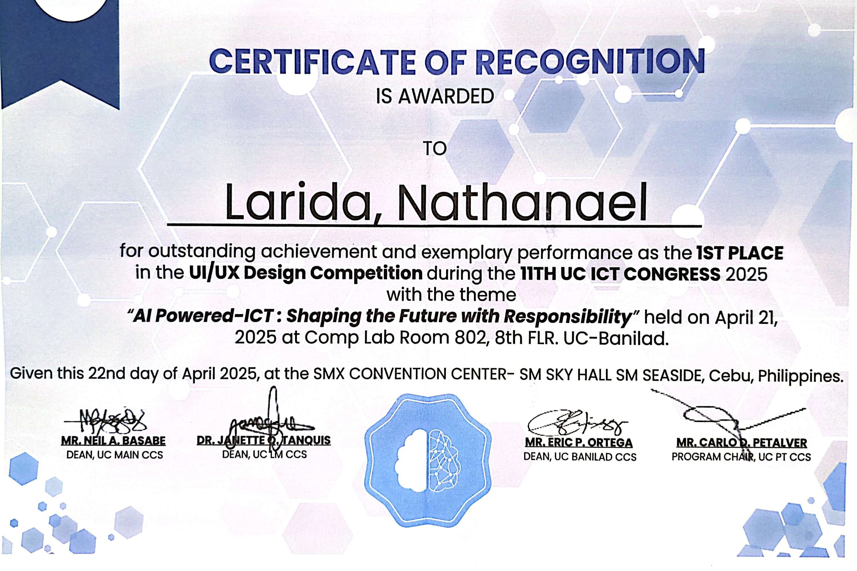 Certificate of recognition awarding Nathanael Larida first place in the eleventh ICT Congress UI and UX competition