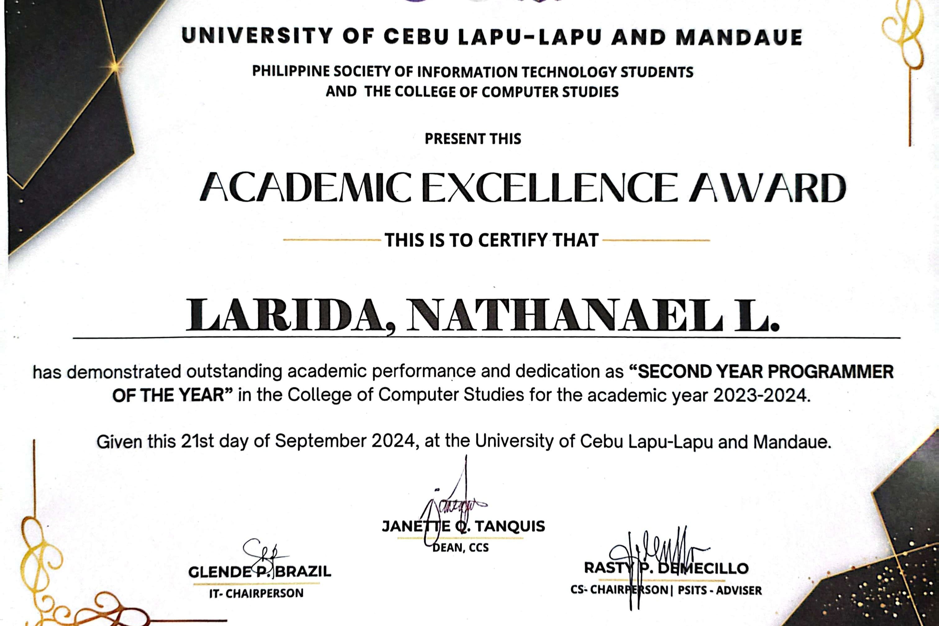 Academic excellence certificate naming Nathanael Larida second-year Programmer of the Year