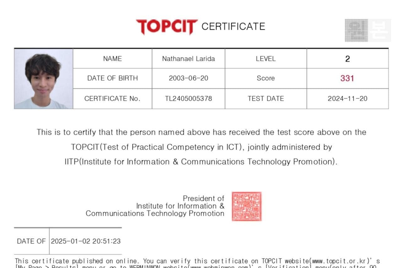 TOPCIT certificate showing Nathanael Larida achieved Level 2 in the technical competency assessment