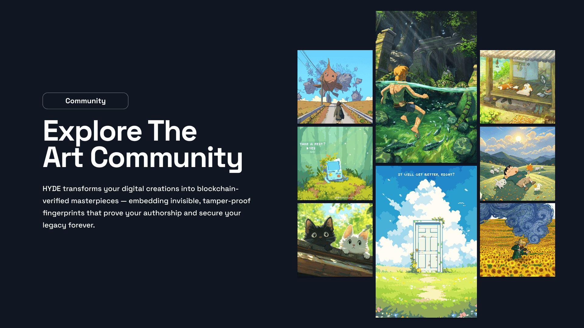 HYDE art community section showing a mosaic of protected digital illustrations