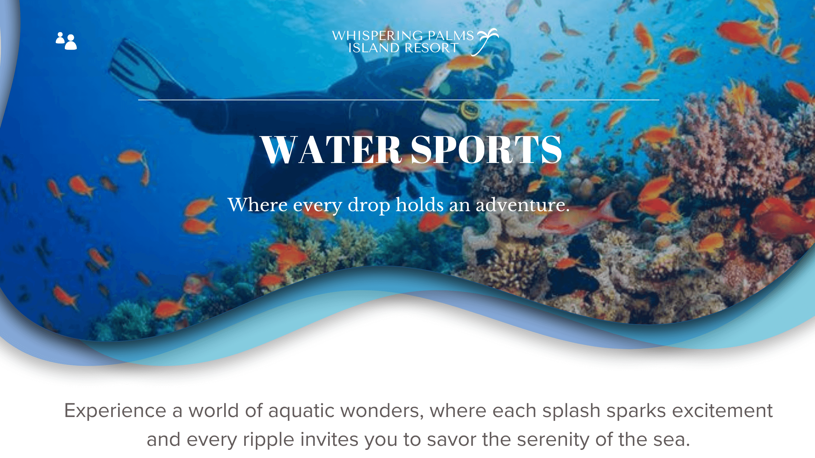 Whispering Palms desktop interface presenting water-sports activities over a coral reef scene